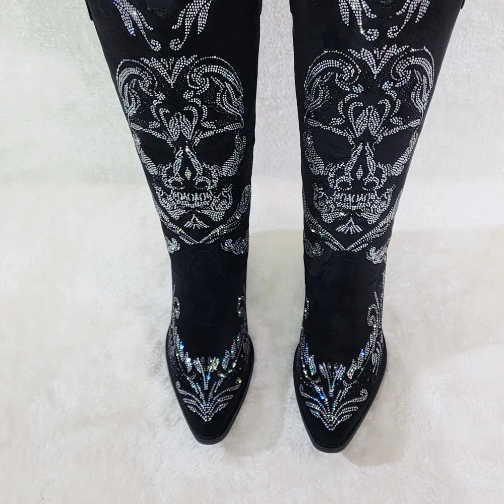 NIB MUERTO Goth Western Cowgirl Boots Sparkling Iridescent Rhinestones Skull - Picture 4 of 15